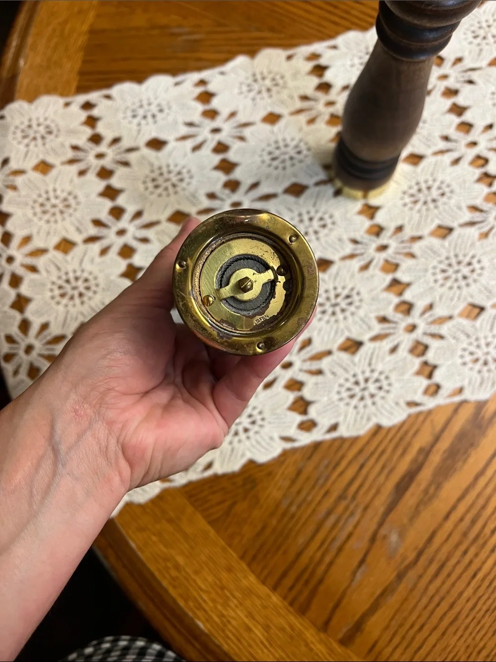 Vintage MCM Wooden Salt shake and Pepper Mill Set with Brass Accents - Brown